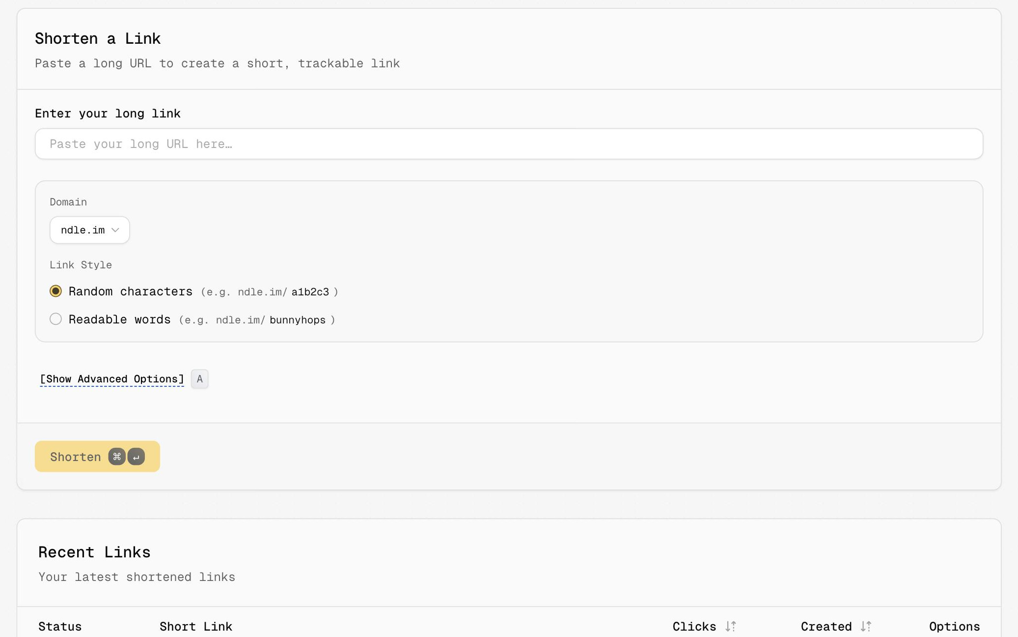 The ndle dashboard's Shorten a Link form with domain and link-style options